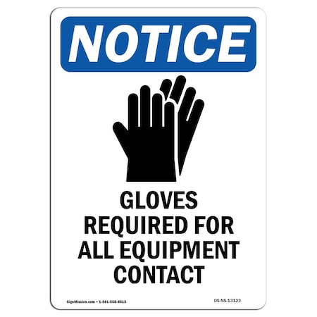 OSHA Notice Sign, Gloves Required For With Symbol, 24in X 18in Rigid Plastic
